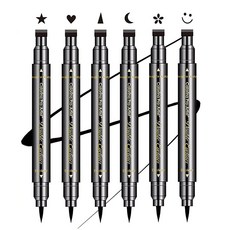 SUMEITANG 더블 헤드 아이라이너 스탬프 세트 블랙 리퀴드 아이 라이너 펜 6개 별 달 하트 꽃 스마일 삼각형 스탬프 스텐실 모양 여성용 메이크업 키트 오래 지, SUMEITANG 더블 헤드 아이라이너 스탬프 세트 블