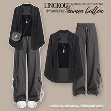 韓系女裝夏季長袖防曬衫吊帶工裝褲三件套裝