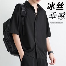 夏季青少年冰絲短袖襯衫男薄款潮牌痞帥百搭高級感五分袖襯衣外套