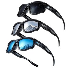 ICARA 3팩 편광 스포츠 경량 운전용 선글라스 UV400 보호 TR90 곡선형 방풍 편향 남성 여성용 블랙/그레이+블랙/실버 미러+블랙/아이스 블루 미러