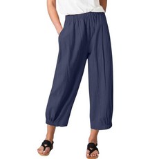 Korebow 여성용 여름 리넨 요가 팬츠 와이드 레그 카프리 크롭 팬츠 포켓 라운지 캐주얼0090-데님블루-1-XXL 143266