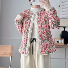 꽃무늬 면화 복고풍 누빔 가디건 방한 코듀로이 노카라