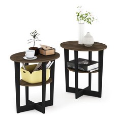 Furinno Jaya 사이드 테이블 2개 세트 2단 라운드 모던 엔드 테이블 타원형 테이블 탑 나이트 스탠드 오픈 선반이 있는 침대 옆 테이블 거실 침실용 플레인, 컬럼비아 월넛/블랙