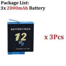 호환 고프로 액션 스포츠 카메라용 배터리 히어로 9 10 11 용 2000mAh, 04 3 x Battery, 3 x Battery, 3) 3 x Battery