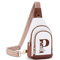 Lizznoe 여성용 크로스바디 백 가죽 슬링 백 이니셜 레터 패니 팩 체스트백 여행용 아내 엄마를 위한 선물 화이트/브라운. P