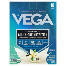 Vega 유기농 식물성 단백질 프리미엄 올인원 뉴트리션 프렌치 바닐라 10팩 각 (1.4oz), 패킷, 38g, 1