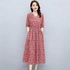 V領收腰中長款連衣裙 女 夏天新款時尚氣質小碎花休閒棉麻連衣裙, 粉花,2XL, 粉花