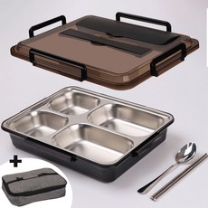 [SUS-304 스텐 식판 도시락통 세트] 밀폐 도시락 런치박스 스테인레스 5칸 다이어트 아이 소풍 용기, 1세트, 4칸도시락+수저세트+보냉가방, 오닉스 블랙