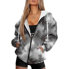 Jndtueit 풀 집업 후디 여성용 긴소매 트랙 재킷 루즈 스웨트셔츠 드로스트링 풀오버 스웨터 포켓 포함 브라운 나뭇잎 카모 헌팅 화이트 XL