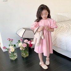 DIU 女童連衣裙夏裝新款度假風洋氣泡泡袖公主裙長裙中小童