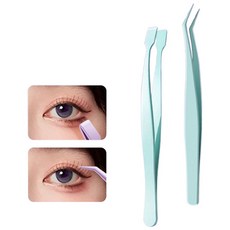 vivarossa 노글루 속눈썹 L자 곡선형 트위저 핀셋 족집게 위 아래 세트, 1세트, 그린