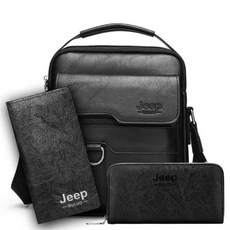 PU男士商務包三合一復古斜背包 大容量肩背包休閒手提公事包側背包 台灣發貨, 黑色+長錢包+手包/三件套