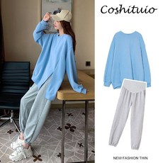 임산부 상의 + 바지 세트 봄 가을 빅사이즈 루즈핏 맨투맨 트레이닝 바지 투피스 YCY