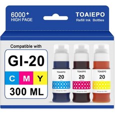 GI-20 잉크 리필 병 키트 교체용 캐논 GI20 메가탱크 G6020 G5020 G7020 프린터와 호환 가능 시안 마젠타 노랑 염료 3개 묶음, GI-20 잉크 리필 병 키트 교체용 캐논 GI20 메