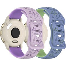 13732236 스마트워치 밴드 시계줄 스트랩 교체 가민 Venu 3S/ 2S 꽃무늬 각인 2개 팩 18mm 투톤 소프트 실리콘 큐트 스포츠 Forerunner 265S/ 25, 블루 그레이/그린 + 라벤더/퍼플.