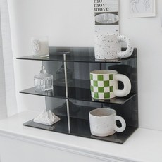 머그컵 진열장 3단 선반 수납장 홈카페 아크릴, 라지 퓨어 그레이