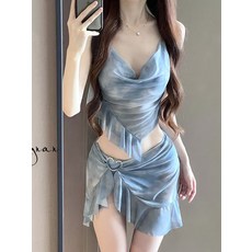 泳衣女分體三件套網紗性感顯瘦遮肚純欲風高級感保守比基尼泳裝, M(85-95斤)