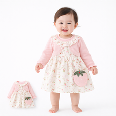 여아 긴팔 원피스 봄가을 플라워 패턴 핑크 딸기 가방 세트