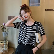 해피유통스트라이프 반팔 크롭 티셔츠 여성 여름 하이웨스트 코디 루즈핏 상의