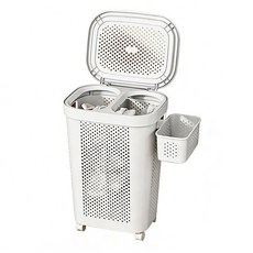 可分隔帶輪髒衣籃 雙格髒衣收納籃 附蓋, 白色