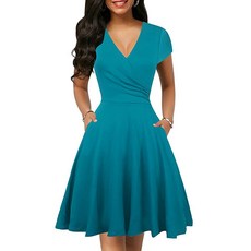 Oxiuly 여성용 빈티지 도트 브이넥 캡 슬리브 캐주얼 포켓 스윙 티 드레스 OX296 그린 플로럴. S