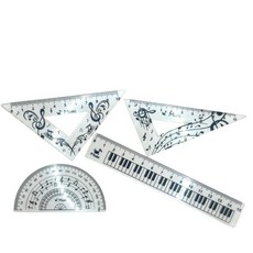 昕欣樂器 音符套尺 4件組 直尺 三角尺 量角器 三角板 尺組 測量尺組 音符 鋼琴 學生 文具, 1個, Clear