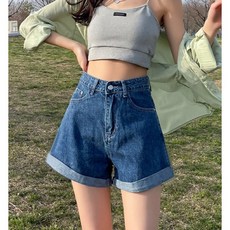 SAHINER 여성 데님 하이웨스트 롤업 숏팬츠 캐주얼 여름 BDK32