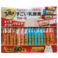 이나바 챠오 스고이 유산균 츄르 버라이어티 14g 60개입 고양이간식, 참치&가다랑어&치킨 버라이어티, 840g, 1개