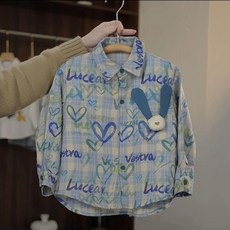 兒童春秋格子襯衫 彩色愛心圖案 寬鬆百搭
