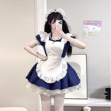 甜美日系女僕裝 Cos服 洛麗塔連衣裙 Lolita 二次元圍裙女裝, 1個, 藏青色+裙撐 （送圍裙+頭花）,2XL