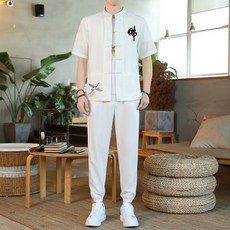 모시옷 세트 개량 남방 인견옷 한복 중년 삼베 반소매 면바지 생활 셋업