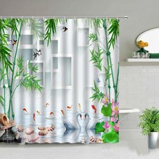 중국 스타일 녹색 대나무 샤워 커튼 방수 홈 욕실 장식 후크, 21. 3734G