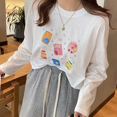 여성 라운드 긴팔 수유티 여성용 라운드넥 아이스크림 케이크 프린트 코튼 긴팔 티셔츠 LT
