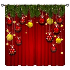 크리스마스 커튼 겨울 휴일 크리스마스 그린 소나무 바늘 레드 골드 크리스마스 볼 모던 아트 프린트 어린이 소녀 소년 침실 거실 봉 포켓 장식 창문 드레이프 2 Pa 너비 53.