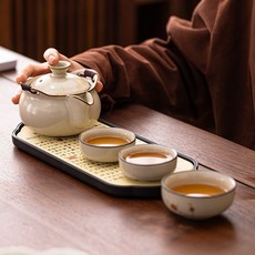 熱銷爆款高端手抓壺 米黃汝窯茶壺 單個蓋碗功夫茶具 開片可養陶瓷家用手抓壺, 1個, 金梅花/手抓壺+主人杯,米黃汝窯系列