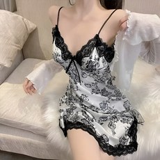 라뷰드 레이스 패턴 실키 슬립 잠옷 꽃무늬 플라워 패턴 부드럽고 가벼운 여성 파자마 겨울 여름 사계절 공주 밴딩 나시 원피스 탈부착 캡내장 포함