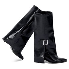 무릎 높이 부츠 여성용 폴드 오버 샤크 부츠 포인티드 토 키튼 힐 와이드 카프 미니멀리스트 스트리트 스타일 인조 가죽 부츠 가을 및 겨울용 장식용 버클 (버건디 표