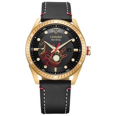 Citizen Eco-Drive 남성용 마블 토니 스타크 골드 톤 스테인리스 스틸 시계 블랙 가죽 스트랩 아크 리액터 루미너스 43mm (모델: BM6992-09W)