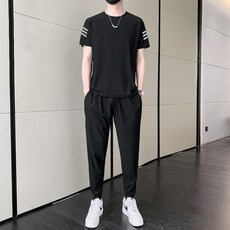 NEW男士大碼運動套裝男夏季冰絲透氣彈力短袖長褲休閒兩件套