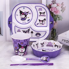 【臺灣-出貨】卡通庫洛米兒童餐具可愛家用耐摔防燙分格餐盤喫飯碗勺杯筷盤, 花朵碗+新款分格盤+庫洛杯+勺+筷, 1個