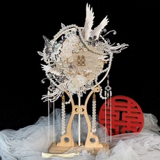新娘團扇 結婚團扇 中式婚禮古風成品雙面秀禾喜扇, 1個, 銀玲（金）,喜扇 材料包, 銀玲（金）, 喜扇 材料包