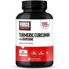 Force Factor 흑후추가 함유된 강황 커큐민 보충제 흡수 향상을 위한 바이오페린이 관절 지지 젤라틴 없음 GMO 프리 90캡슐 138469, 1개, 90정