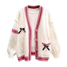 Shebote 여성용 귀엽고 달콤한 카디건 스웨터 긴소매 브이넥 나비매듭 JK 교복 가디건 니트 스웨터 레드 M 160018