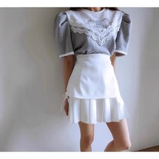 레이스 배색 레터링 라운드넥 반소매 퍼프소매 티셔츠 여성용 루즈핏 슬림핏 상의