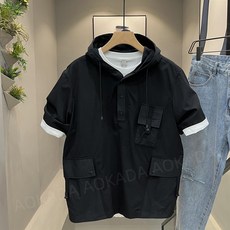 AOKADA 남성 여름 루즈핏 후드 반팔 티셔츠 멀티포켓 카고 후드티