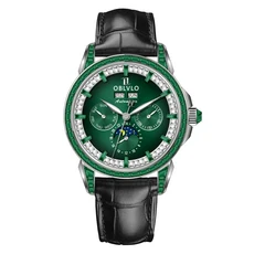 OBLVLO 남자 패션 시계 다채로운 지르콘 Moonphase 식 다기능 블랙 가죽 스트랩 GCM-MUT