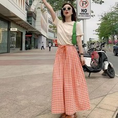 couchsurfing 여성 와이드 루즈핏 체크 밴딩 캐주얼 스커트 팬츠