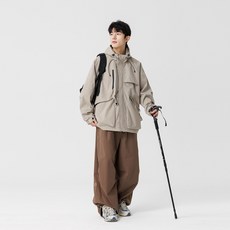 連帽多口袋工裝風沖鋒衣夾克 男士戶外休閑防風外套, XL 建議體重（60-75 公斤）, 米杏色