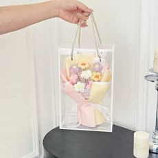 台灣現貨針織花禮盒 送燈送卡片 教師節花束 針織玫瑰花向日葵 毛線花 生日禮物, 1個, 泡芙花 黃粉ban裝紙 送燈送禮盒, 黄粉色