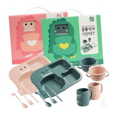 유아용 캐릭터 식판 컵 포크 숟가락 세트 어린이 식사 도구 모음, 1개, 1공룡식판세트-그린